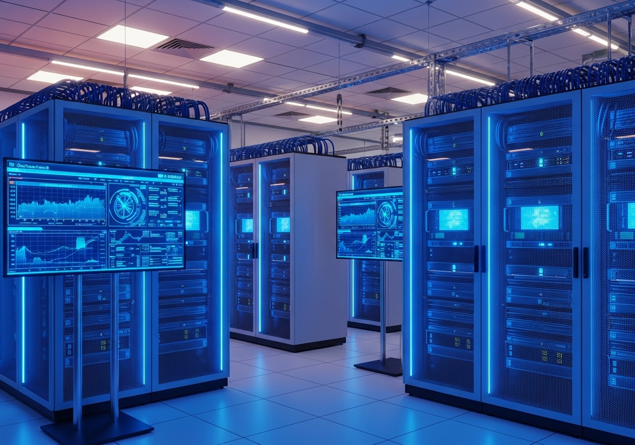 Modern server room with organized infrastructure and monitoring systems